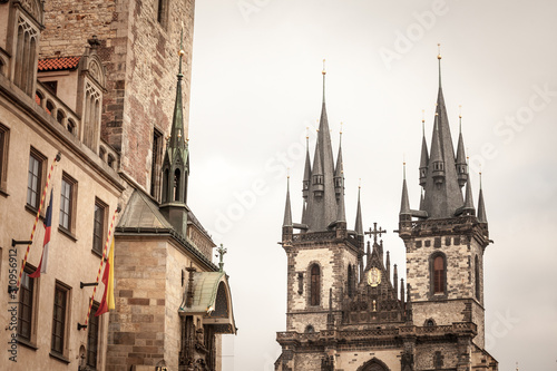 Towers of the church of our lady before tyn, also called chram matky bozi pred tynem or tynsky chram, in the old town of Prague, Czech Republic. it is a landmark of Old town Straromestska square photo
