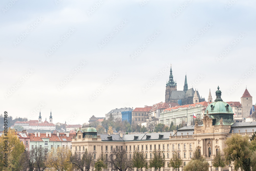 Prague castle (Prazsky Hrad) on Hradcany hill, the office of the Czech President with the Straka academie (Stakova Akademie), the house of the government in front. These are symbols of Czech politics