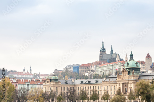 Prague castle (Prazsky Hrad) on Hradcany hill, the office of the Czech President with the Straka academie (Stakova Akademie), the house of the government in front. These are symbols of Czech politics