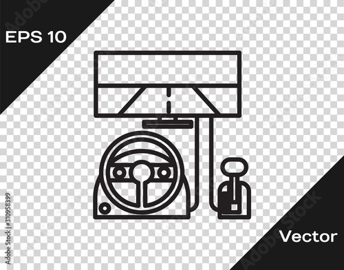 Black line Racing simulator cockpit icon isolated on transparent background. Gaming accessory. Gadget for driving simulation game. Vector Illustration