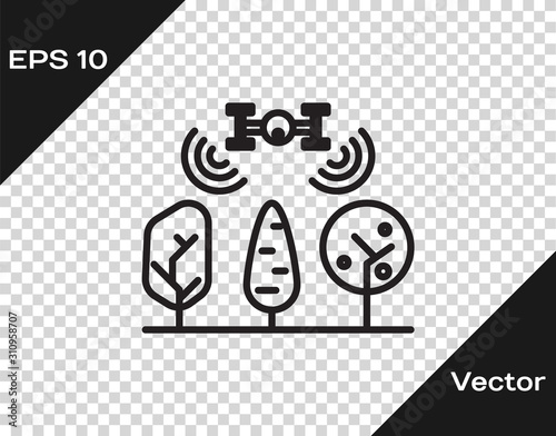 Black line Smart farm with drone control and tree icon isolated on transparent background. Innovation technology for agricultural company. Vector Illustration