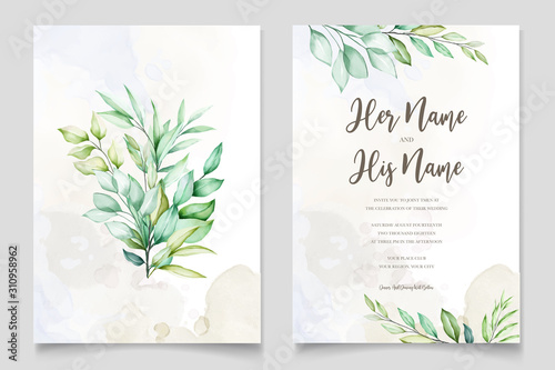 watercolor wedding invitation card in green leaves