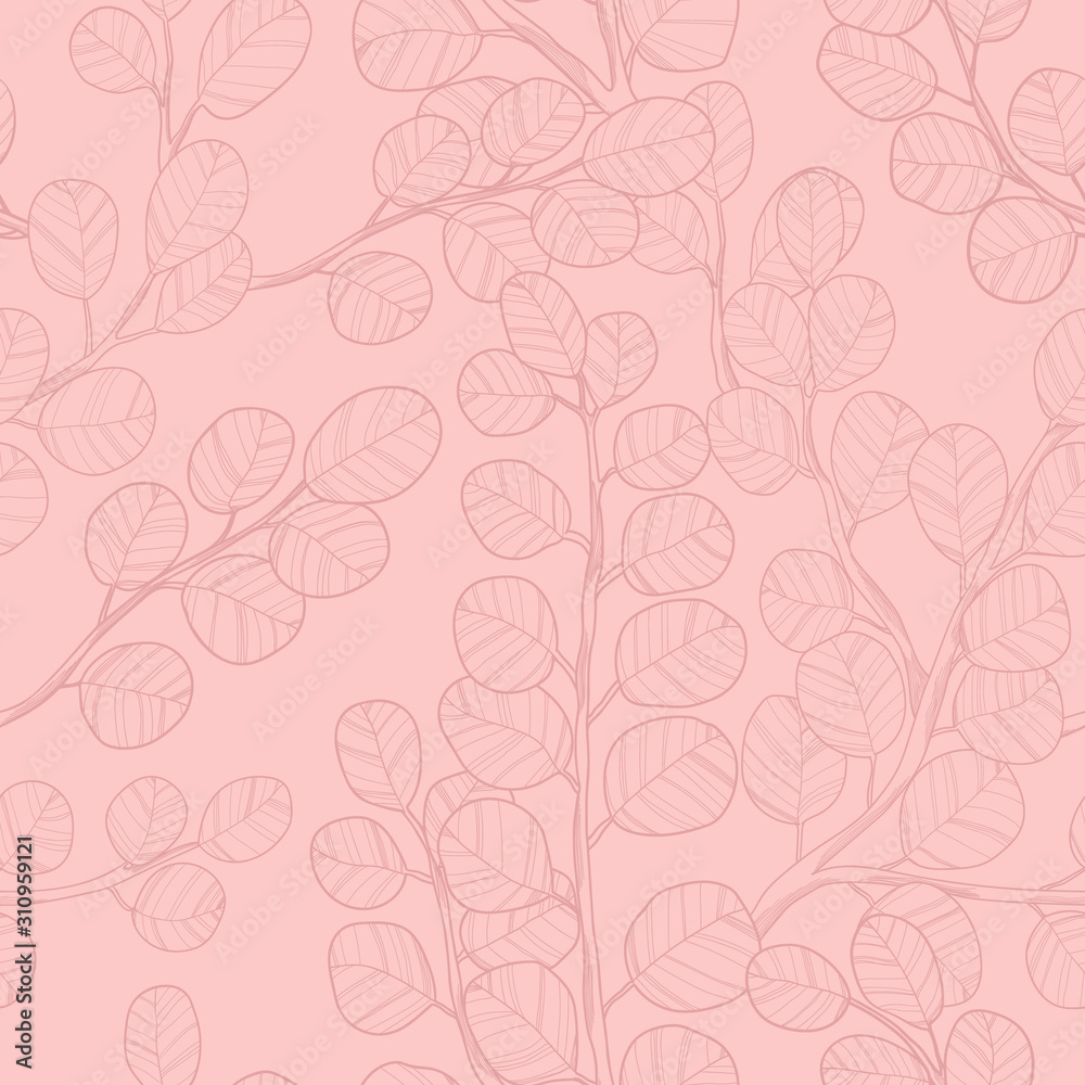 Eucalyptus branch hand drawn vector seamless pattern in line art style on pink background. Background with eucalyptus branch and leaves. Best for wrapping paper, wallpaper, textile or wedding design.