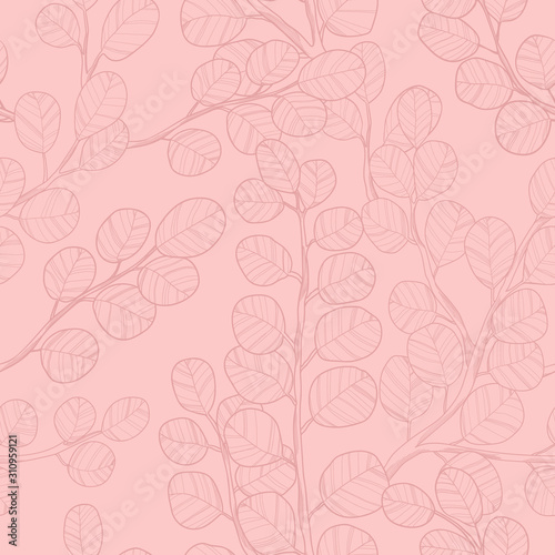 Eucalyptus branch hand drawn vector seamless pattern in line art style on pink background. Background with eucalyptus branch and leaves. Best for wrapping paper, wallpaper, textile or wedding design.