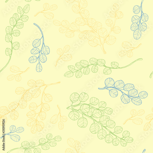 Eucalyptus branch hand drawn vector seamless pattern in line art style on pastels yellow. Background with eucalyptus branch and leaves. Best for wrapping paper, wallpaper, textile or wedding design.