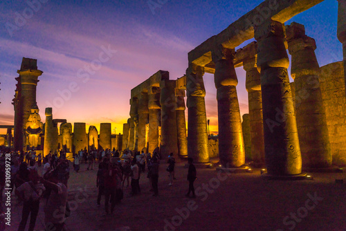 Luxor Temple at night (ancient Thebes) was constructed approximately 1400 BCE photo