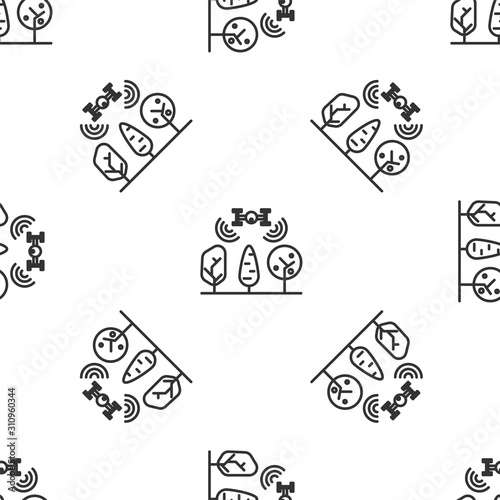 Grey line Smart farm with drone control and tree icon isolated seamless pattern on white background. Innovation technology for agricultural company. Vector Illustration