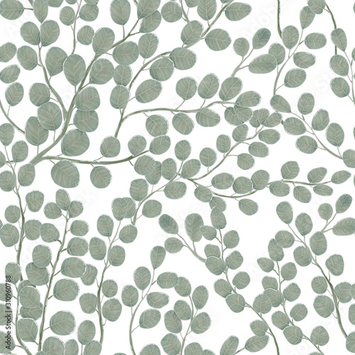 Eucalyptus branch with leaves vector hand drawn seamless pattern. Watercolor imitation. Background with eucalyptus on white. Best for wrapping paper, wallpaper, textile or wedding design