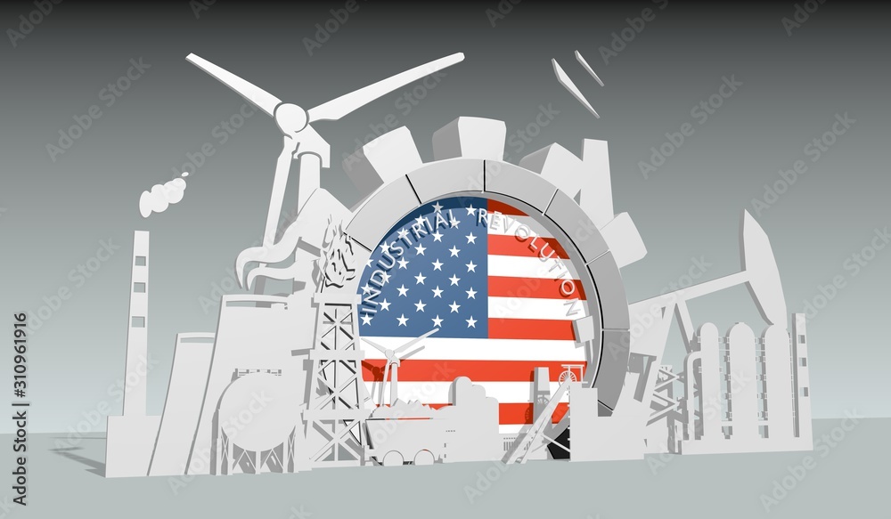 Energy and power industrial concept. Gear with flag of the USA. Energy generation and heavy industry. Industrial revolution text. 3D rendering.