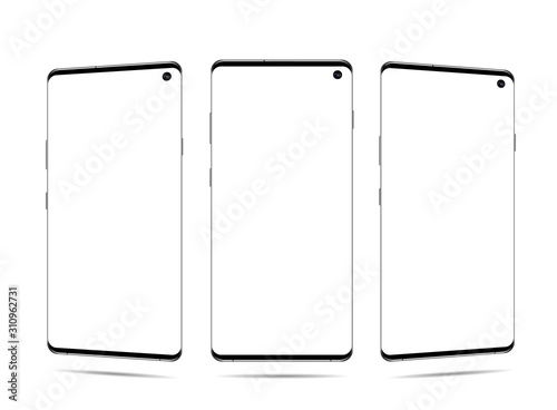 smartphone vector with blank screen, front view, It located obliquely, turn on the diagonal, isolated on white background