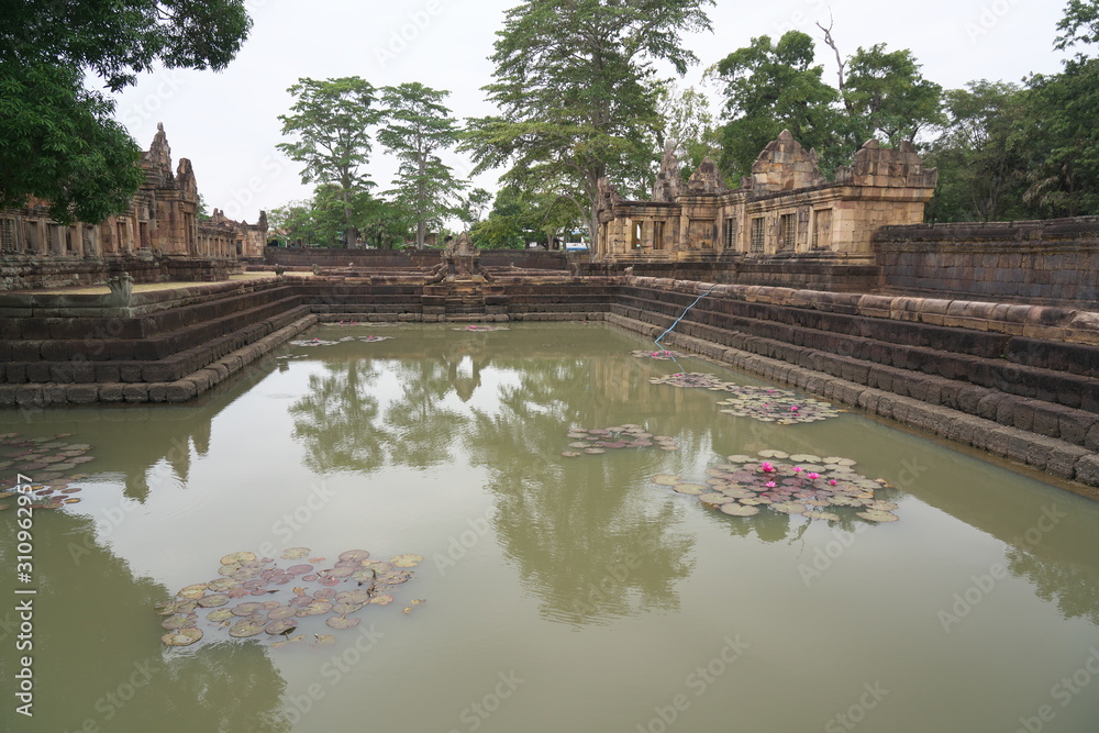 Buriram,Thailand-December 8, 2019: Lotus pond at Prasat Muang Tam in Buriram, Thailand Buriram,Thailand-December 8, 2019: Lotus pond at Prasat Muang Tam in Buriram, Thailand