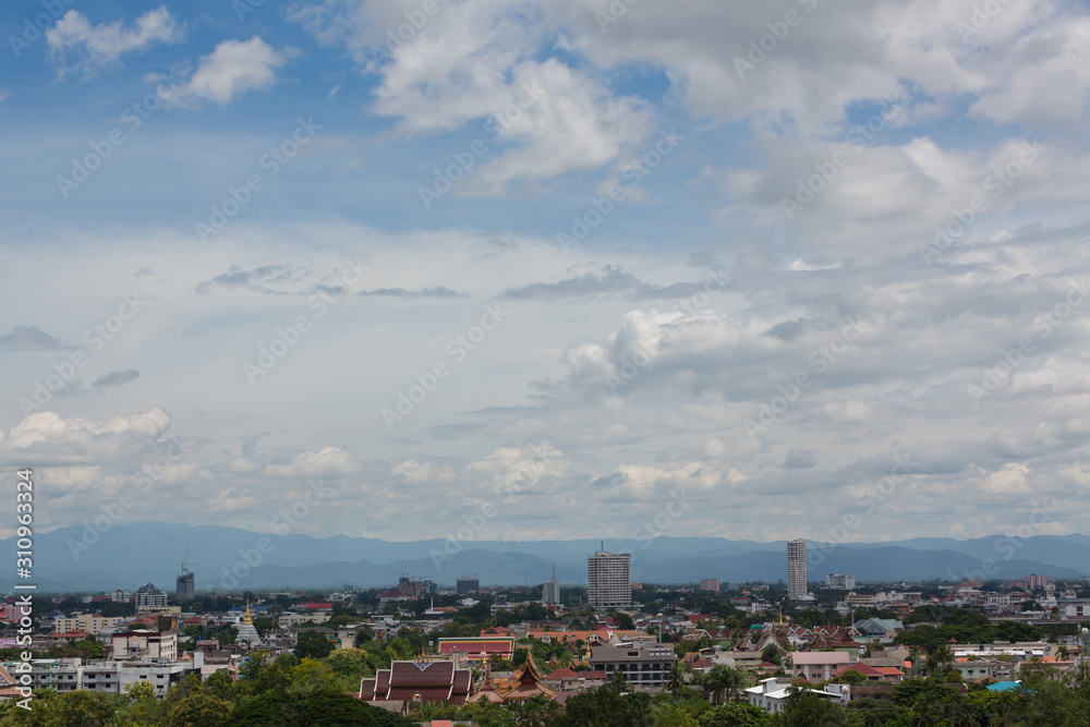 white cloud on blue sky above the town, aerial view cityscape white cloud on blue sky above the town, aerial view cityscape