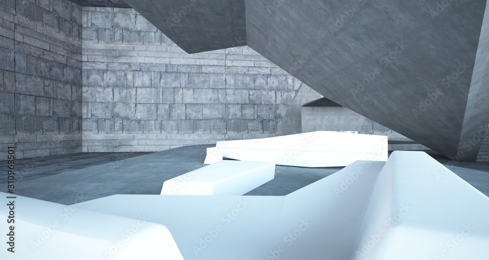 Obraz premium Abstract architectural concrete interior of a minimalist house with swimming pool. 3D illustration and rendering.