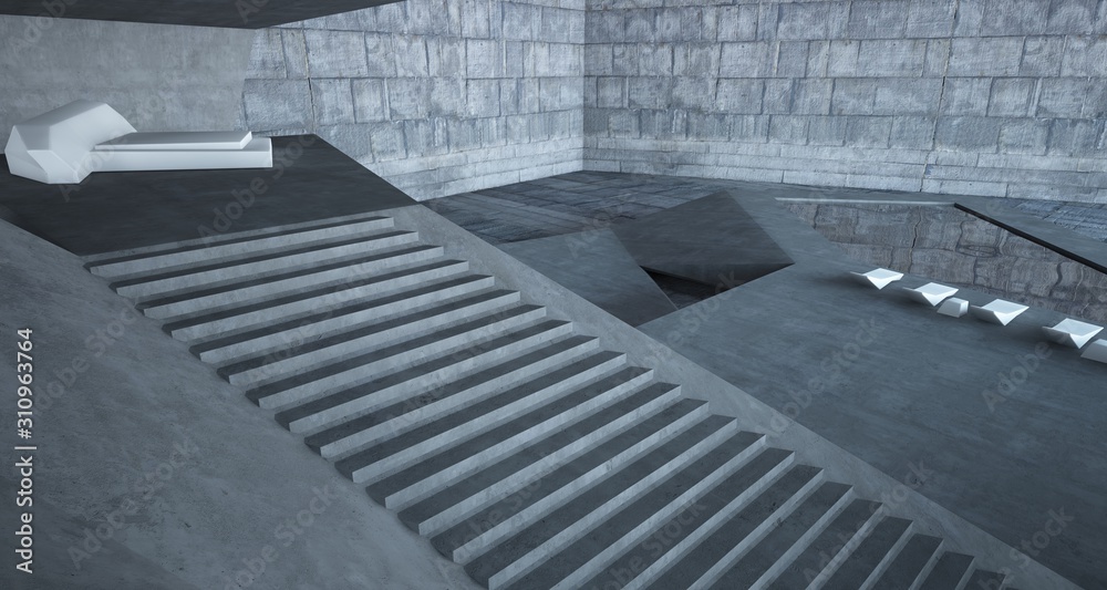 Obraz premium Abstract architectural concrete interior of a minimalist house with swimming pool. 3D illustration and rendering.