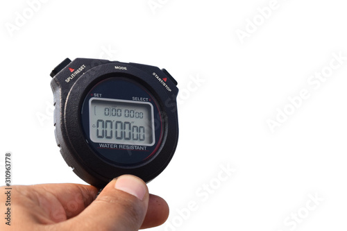 hand with stopwatch isolated on white background