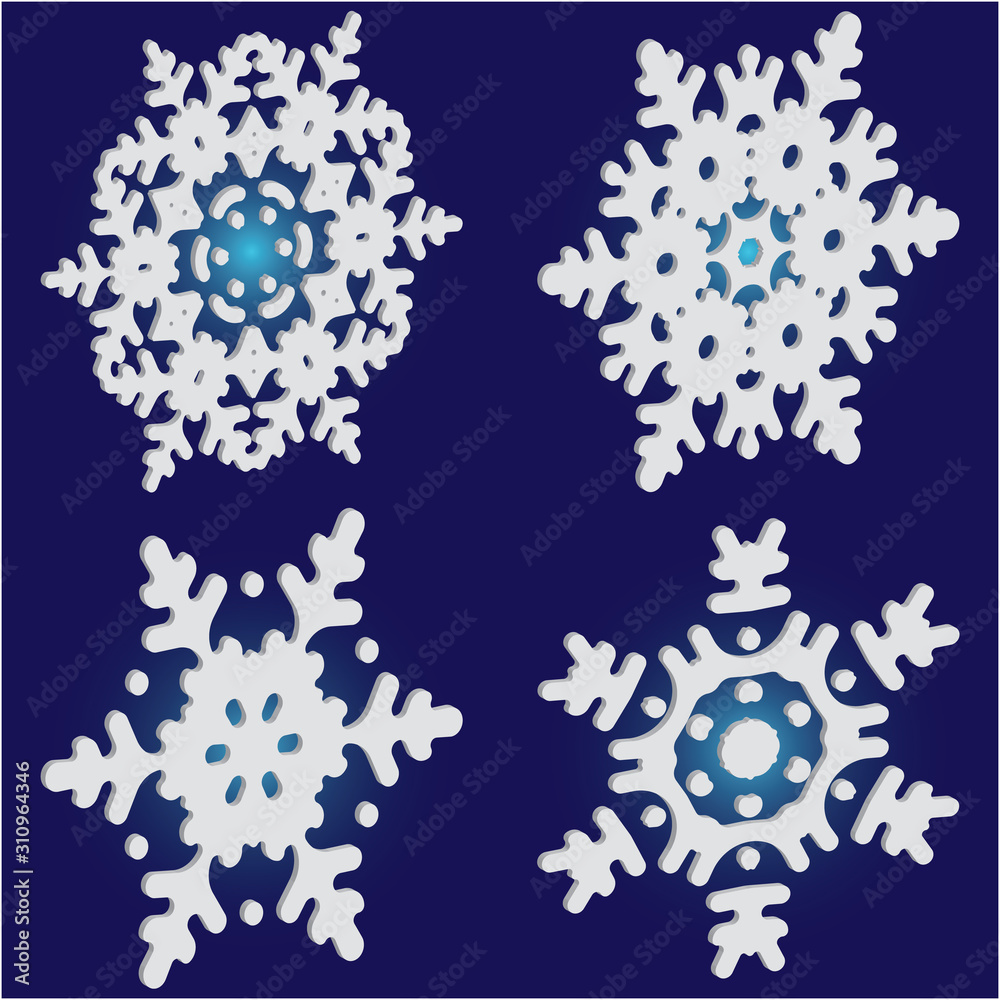 Kit of isolated silhouettes of snowflakes on blue background. Kit of isolated silhouettes of snowflakes on blue background.
