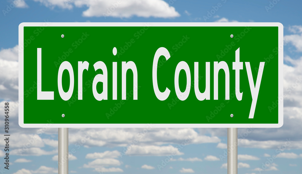 Rendering of a green 3d highway sign for Lorain County Rendering of a green 3d highway sign for Lorain County