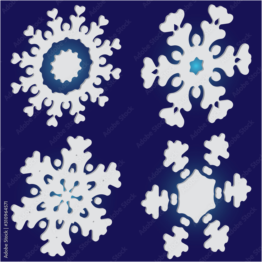 Kit of simple christmas snowflakes on blue background.