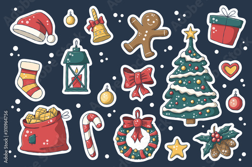 Christmas sticker set. Vector collection for stickers, patches, badges, pins. Hand drawn style doodle.
