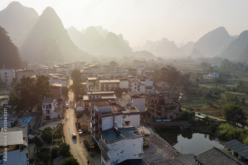 Aerial view of the countryside in Yangshuo in Guanxi province, China at sunrise