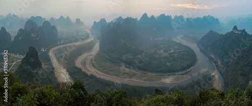 Aerial view of the Li River in Xingping near Yangshuo in Guanxi province, China, at sunrise photo