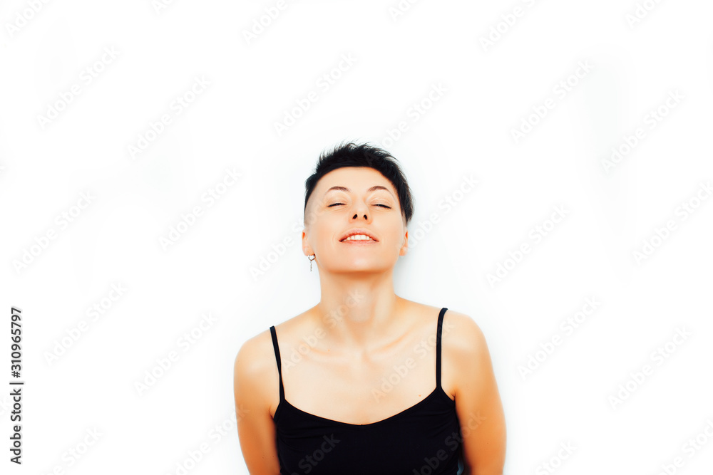 young pretty brunette girl with modern short haircut posing cheerful smiling isolated on white background, lifestyle people concept young pretty brunette girl with modern short haircut posing cheerful smiling isolated on white background, lifestyle people concept