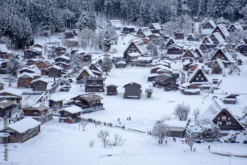 Shirakawago, world heritage village with snowfall in Japan. 
