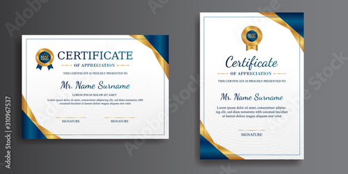 Premium gold and blue certificate of achievement template, clean modern design with gold badge