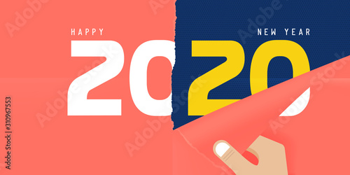 Happy new 2020 year banner. The hand is tearing down paper in color of the year concept. Banner template design for New Year. Vector Illustration.