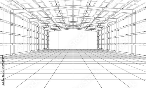 Drawing or sketch of a large warehouse. Vector