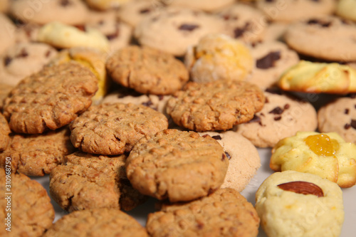 Background of handmade assorted cookies closeup