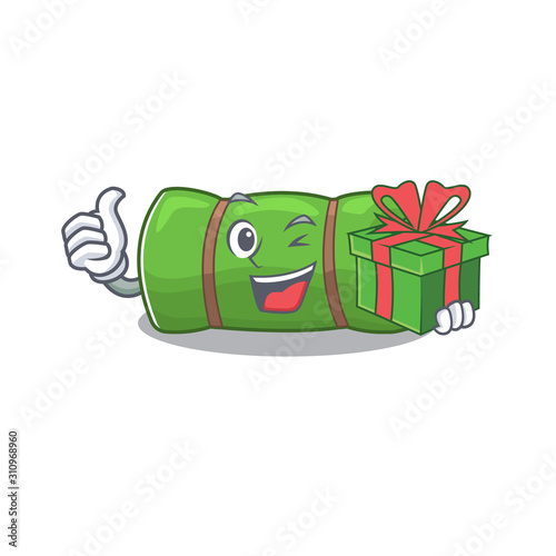 happy face camping mat Scroll character with gift box