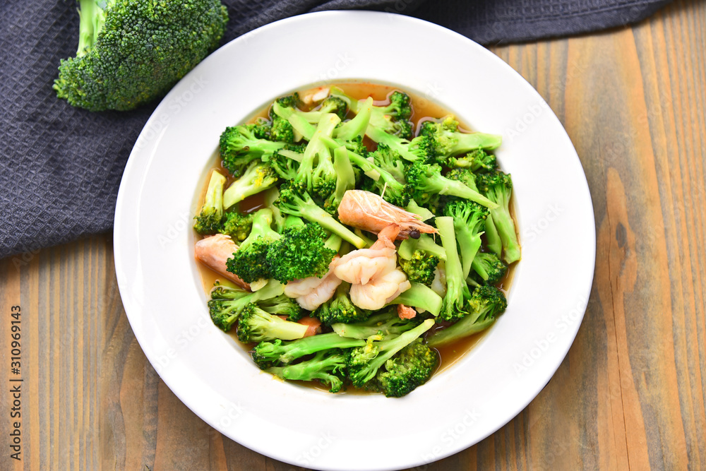 Stir fried broccoli and shrimp with Oyster sauce. Broccoli menu for healthy Stir fried broccoli and shrimp with Oyster sauce. Broccoli menu for healthy