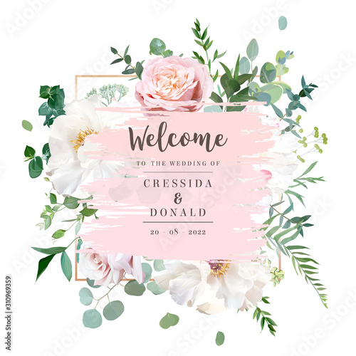 Elegant floral vector card with white and creamy woody peony, dusty rose