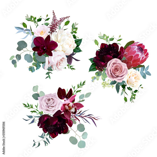 Dusty pink, mauve and creamy rose, magenta protea, burgundy and white peony