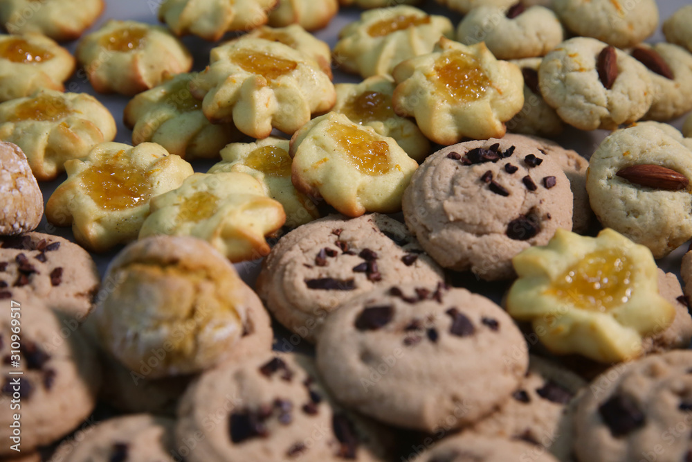 Background of handmade assorted cookies closeup Background of handmade assorted cookies closeup