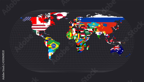 Map with flags of all countries of the world. Eckert III projection. Map of the world with meridians on dark background. Vector illustration.