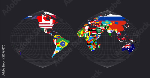Map with flags of all countries of the world. Quartic authalic projection interrupted into two hemispheres. Map of the world with meridians on dark background. Vector illustration.