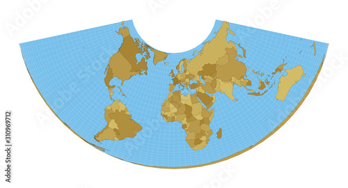 World Map. Albers conic equal-area projection. Map of the world with meridians on blue background. Vector illustration. photo