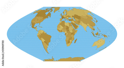 World Map. McBryde-Thomas flat-polar sinusoidal equal-area projection. Map of the world with meridians on blue background. Vector illustration.