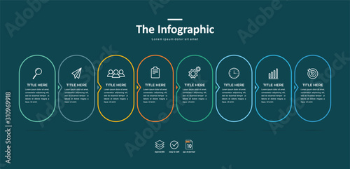 business infographic template, thin line and flat design with 8 option or step, dark background