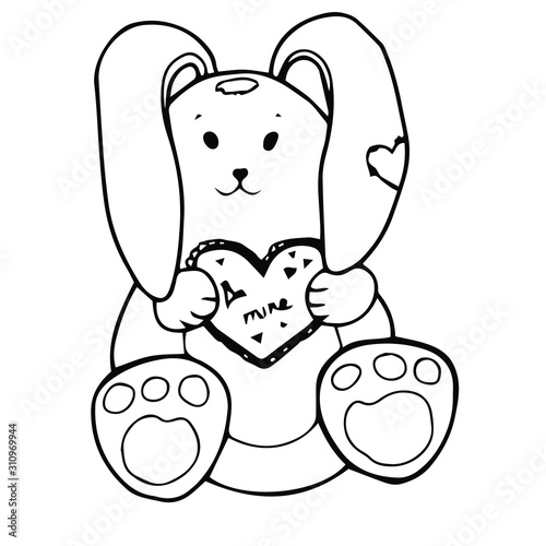 Cute rabbit toy with heart . Hand-drawn vector stock illustration of funny bunny. Isolated on white background. Design for Valentines day. Outline. Doodle. Cartoon. Kids illustration. Trendy. hugge