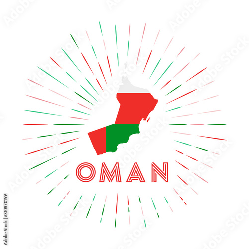 Oman sunburst badge. The country sign with map of Oman with Omani flag. Colorful rays around the logo. Vector illustration.