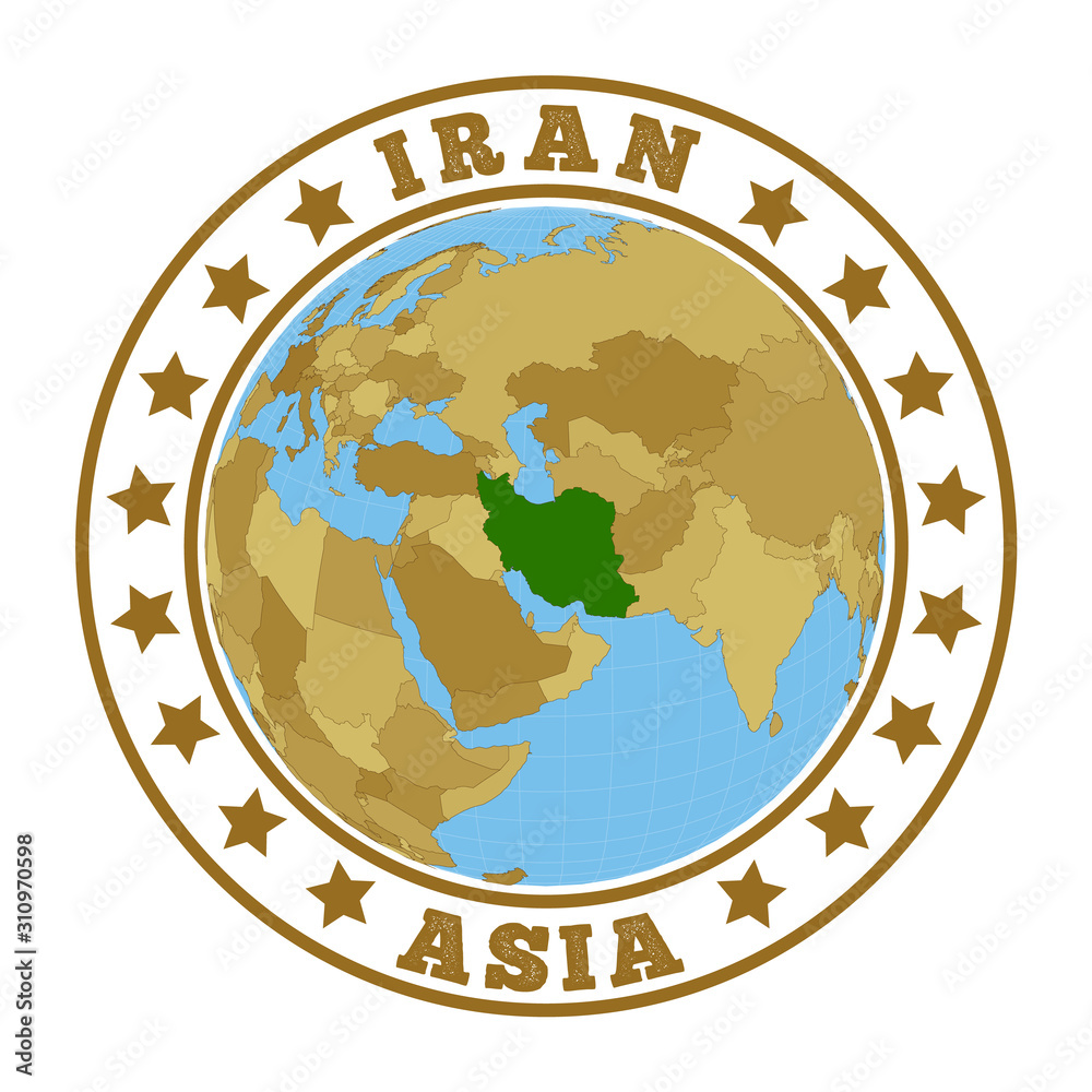 Iran logo. Round badge of country with map of Iran in world context. Country sticker stamp with globe map and round text. Vector illustration. Iran logo. Round badge of country with map of Iran in world context. Country sticker stamp with globe map and round text. Vector illustration.