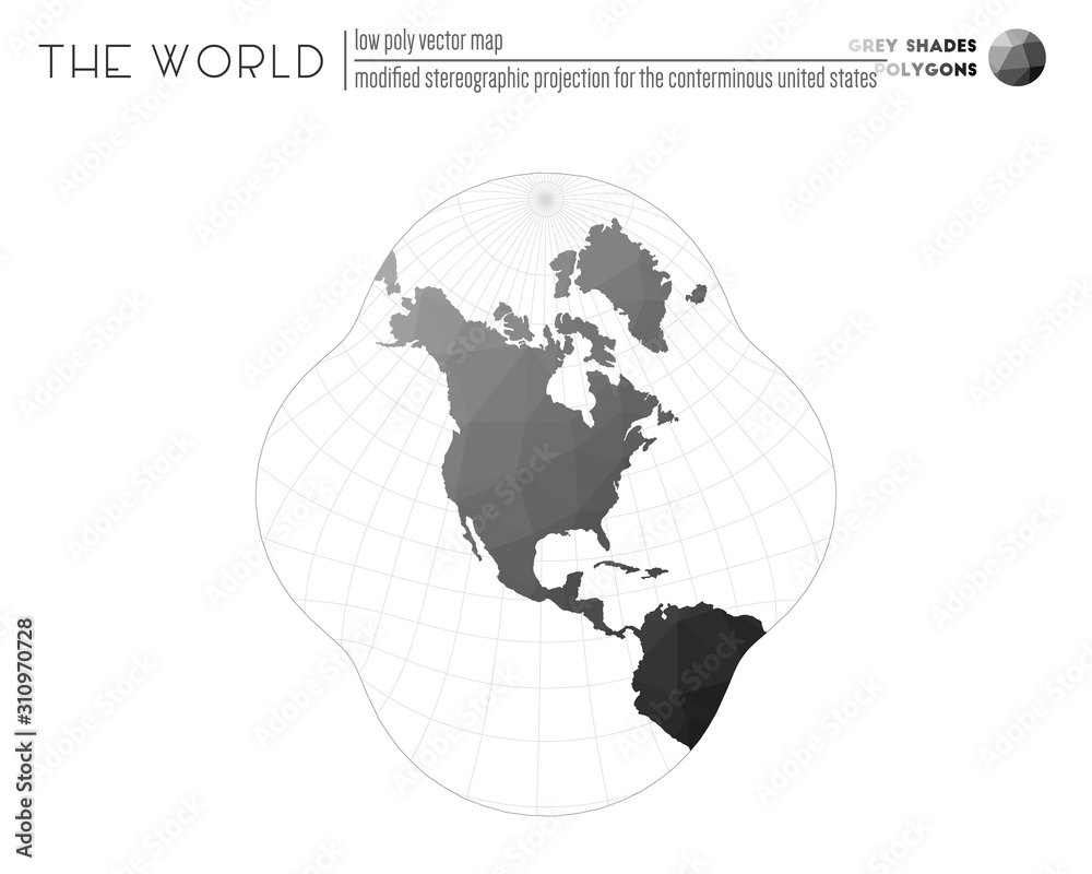 Fototapeta premium World map with vibrant triangles. Modified stereographic projection for the conterminous United States of the world. Grey shades colored polygons. Beautiful vector illustration.