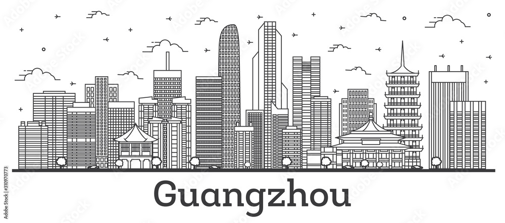 Outline Guangzhou China City Skyline with Modern Buildings Isolated on White.