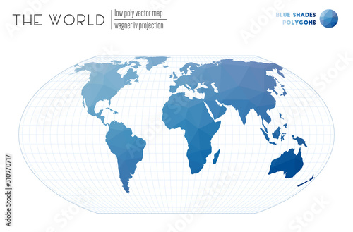 Triangular mesh of the world. Wagner IV projection of the world. Blue Shades colored polygons. Energetic vector illustration.
