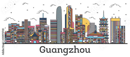 Outline Guangzhou China City Skyline with Color Buildings Isolated on White.