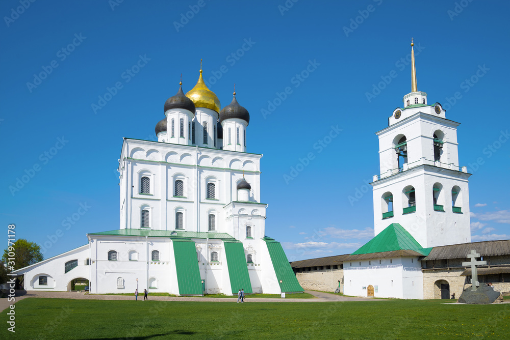 Trinity Cathedral close-up in the Pskov Kremlin on a sunny day. Pskov, Russia