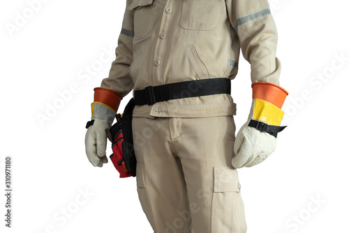 Close-up Electrician uniform with tool belt isolated on white background